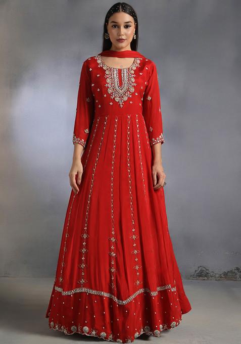 Red Floral Sequin Embellished Anarkali Kurta Set With Dupatta