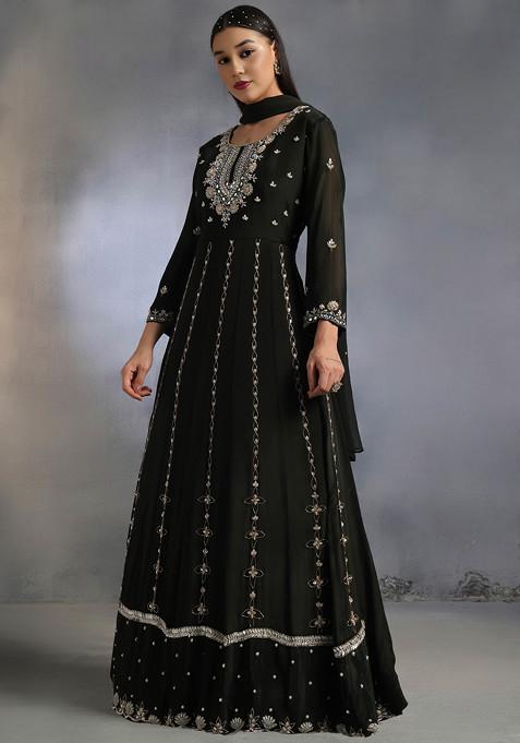 Black Floral Bead Sequin Embellished Anarkali Kurta Set With Dupatta