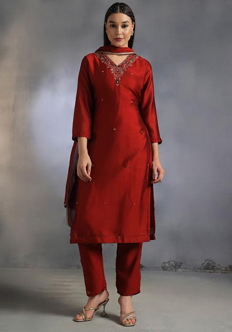 Maroon Embellished Kurta Set With Pants And Dupatta