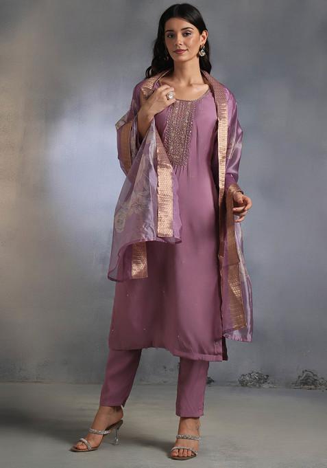 Purple Embellished Kurta Set With Printed Dupatta And Pants