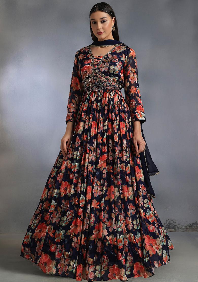 Blue Embellished Anarkali Kurta Set With Dupatta