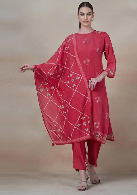 Pink Floral Bead Embellished Kurta Set With Pants And Dupatta