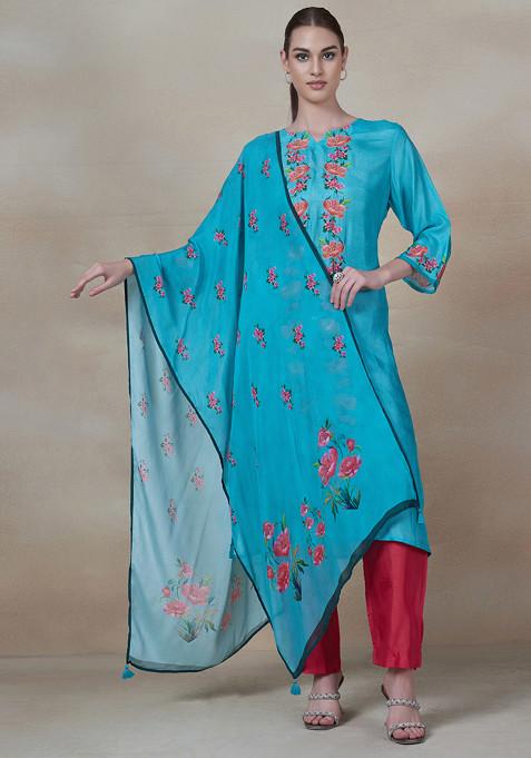 Blue Floral Sequin Embellished Kurta Set And Pants And Printed Dupatta