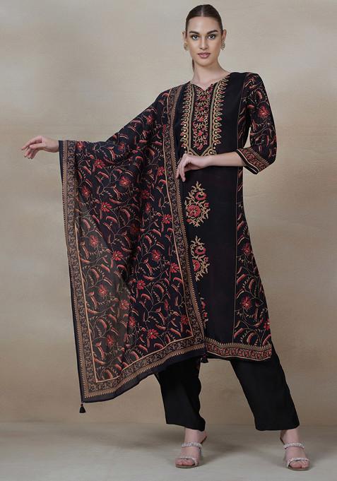 Black Floral Sequin Embellished Kurta Set And Pants And Printed Dupatta