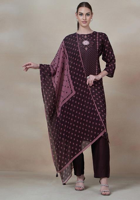 Brown Printed Kurta Set With Pants And Printed Dupatta