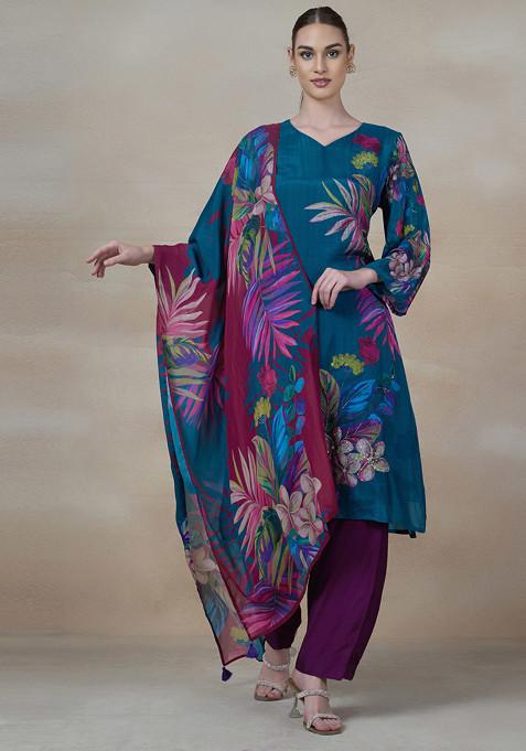 Blue Printed Kurta Set With Pants And Printed Dupatta