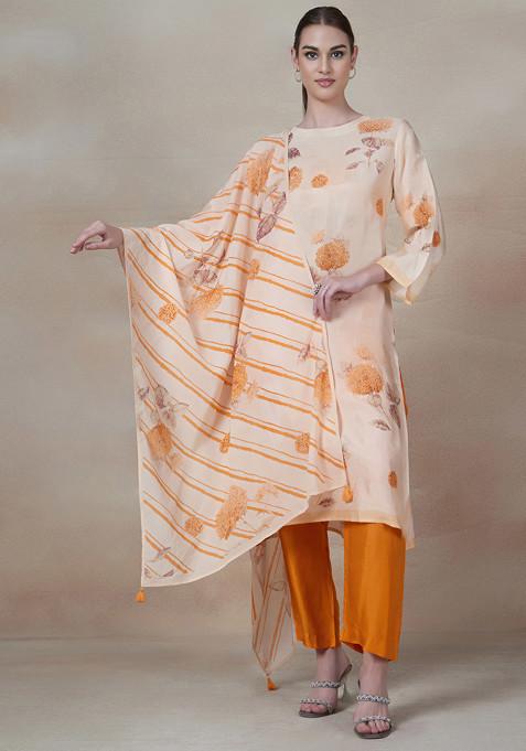 Beige Printed Sequin Embellished Kurta Set With Pants And Dupatta