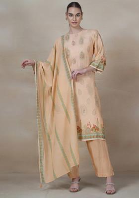 Peach Printed Kurta Set With Pants And Printed Dupatta