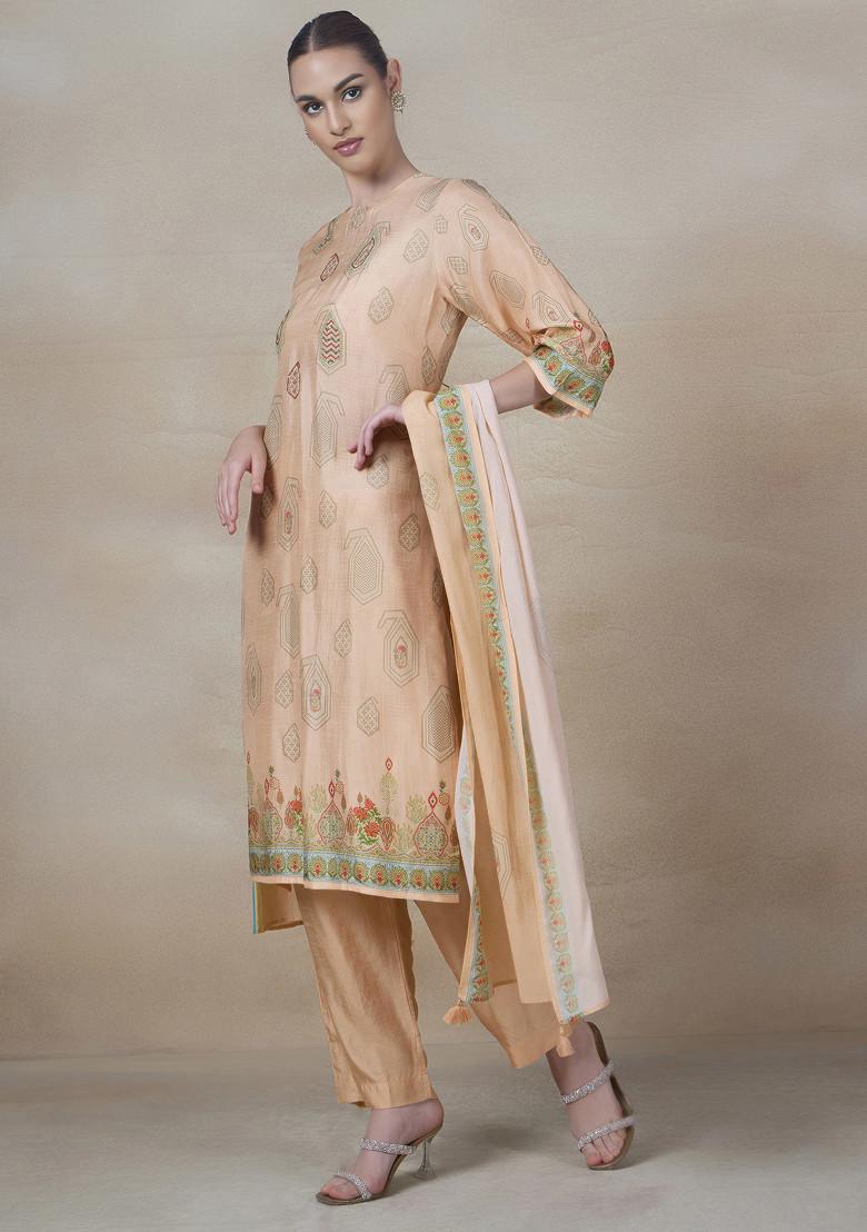 Peach Printed Kurta Set With Pants And Printed Dupatta