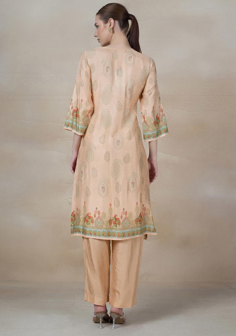 Peach Printed Kurta Set With Pants And Printed Dupatta
