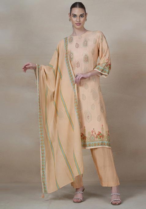 Peach Printed Kurta Set With Pants And Printed Dupatta