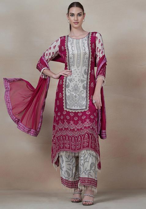 Purple Printed Kurta With Pants And Dupatta