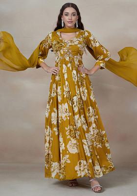 Yellow Floral Print Embellished Anarkali Gown With Dupatta