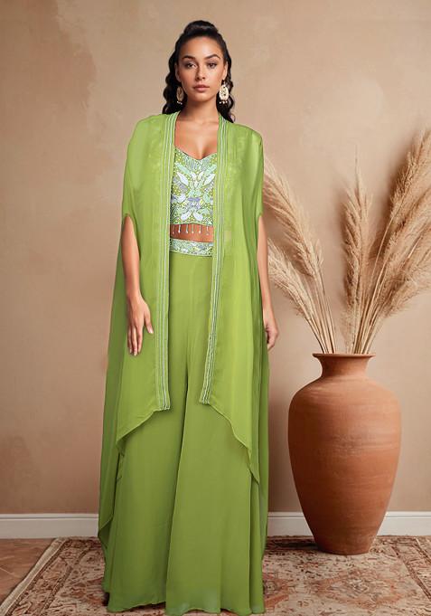 Green Palazzo Set With Embellished Blouse And Dupatta