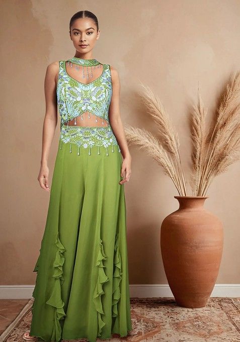 Green Palazzo Set With Embellished Blouse And Dupatta