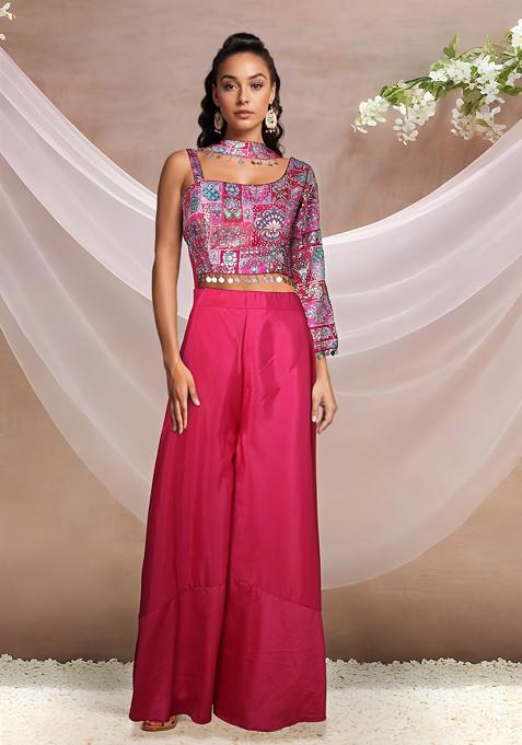 Pink Palazzo Set With Embellished Blouse And Dupatta