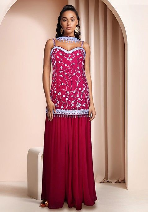 Pink Sharara Set With Embellished Kurta And Dupatta