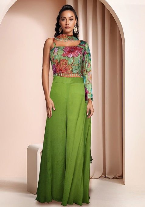 Green Palazzo Set With Printed Blouse And Dupatta