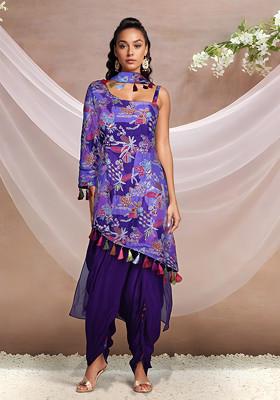 Purple Dhoti Set With Printed Kurta And Dupatta