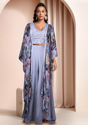 Grey Sharara Set With Printed Blouse