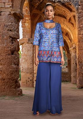 Purple Solid Sharara Set With Printed Kurta And Jacket