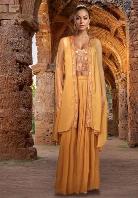 Yellow Jacket Set With Embellished Blouse And Sharara