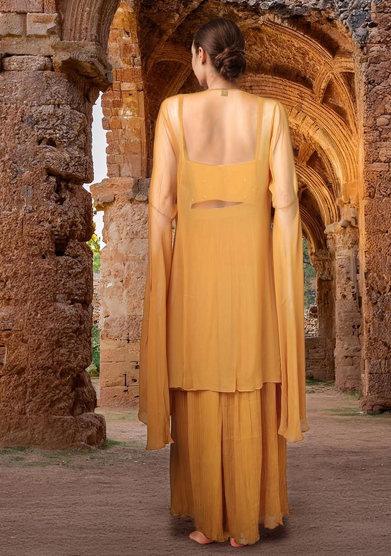 Yellow Jacket Set With Embellished Blouse And Sharara