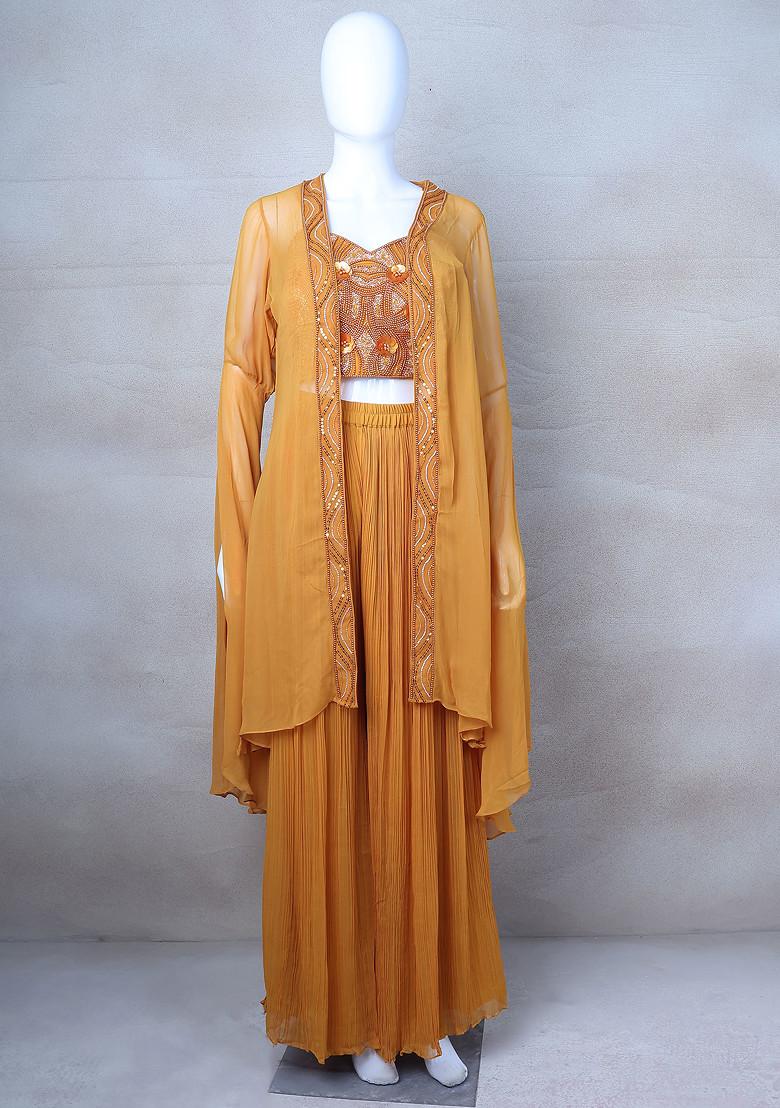 Yellow Jacket Set With Embellished Blouse And Sharara