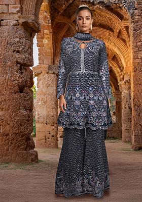 Black Sharara Set With Embroidered Kurta And Dupatta