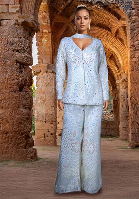 White Embroidered Sharara Set With Jacket And Dupatta