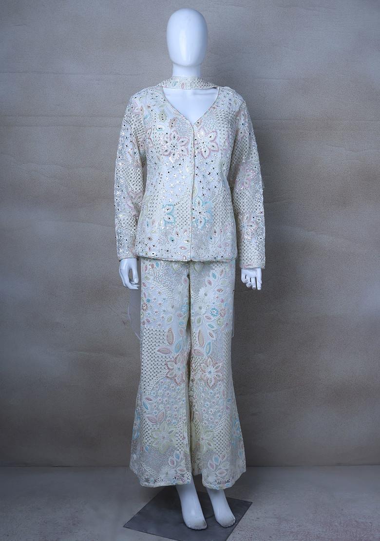 White Embroidered Sharara Set With Jacket And Dupatta