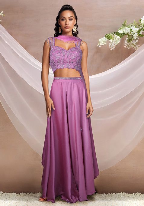 Pink Sharara Set With Embellished Blouse And Dupatta