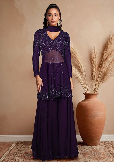 Purple Sharara Set With Embellished Kurta And Blouse