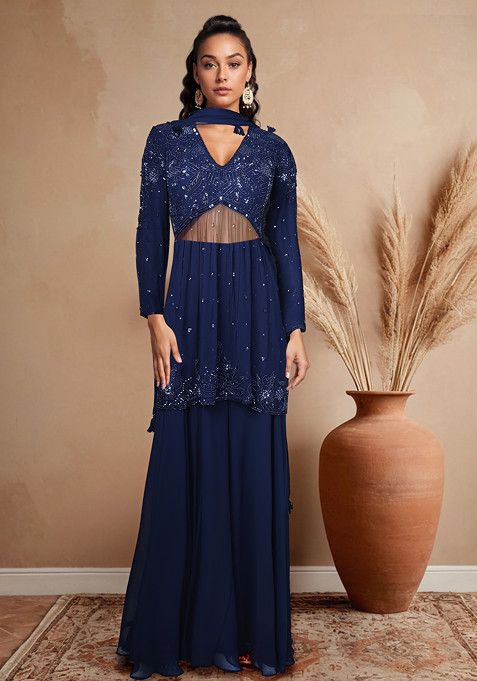 Blue Sharara Set With Embellished Kurta And Blouse