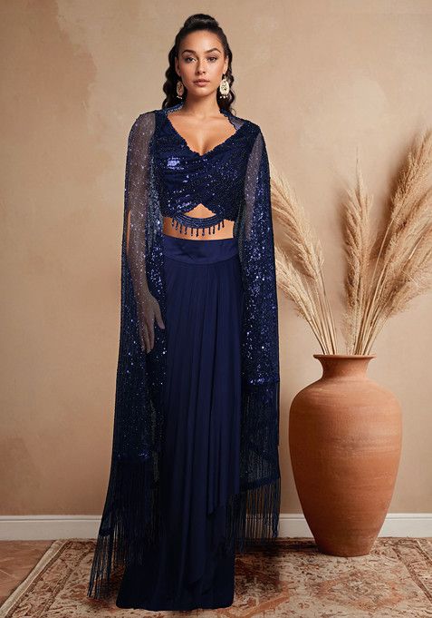 Blue Jacket Set With Embellished Blouse And Dhoti Skirt