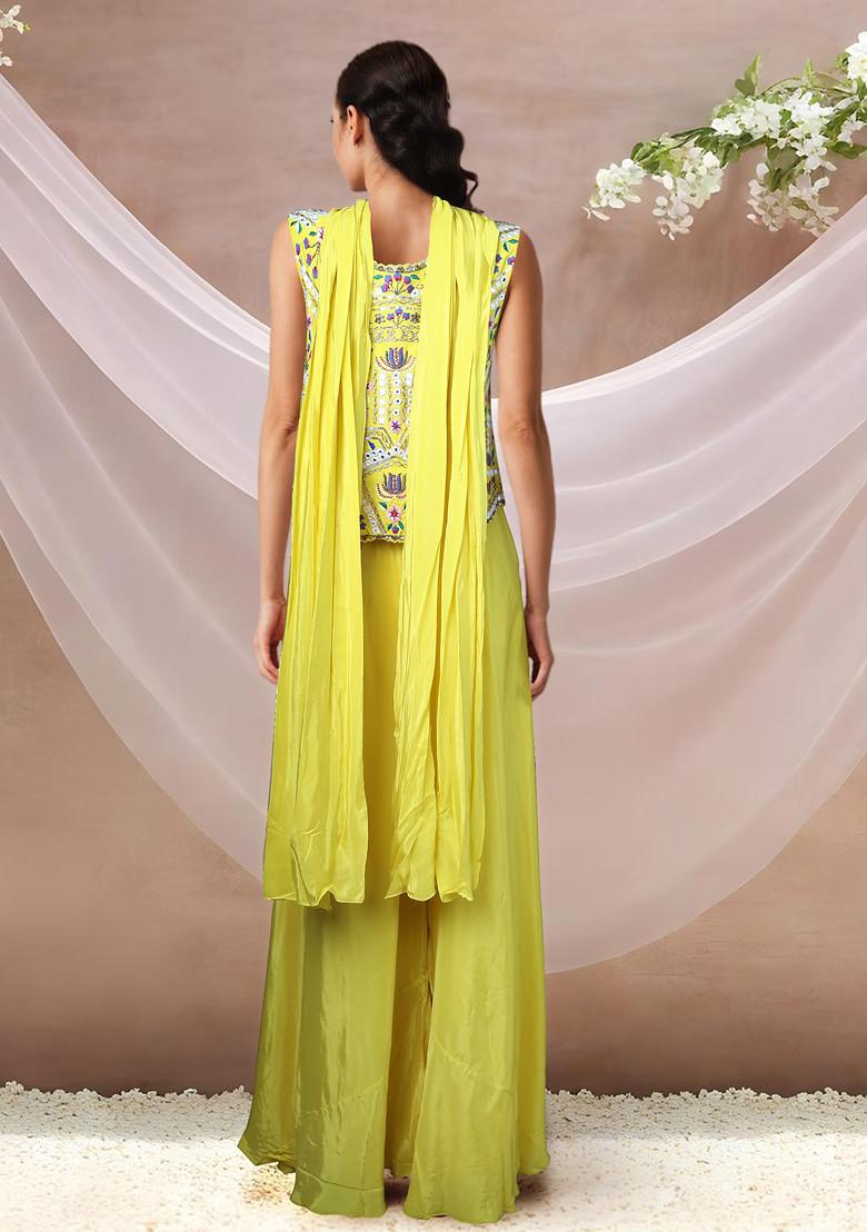 Yellow Solid Sharara Set With Embroidered Blouse And Dupatta