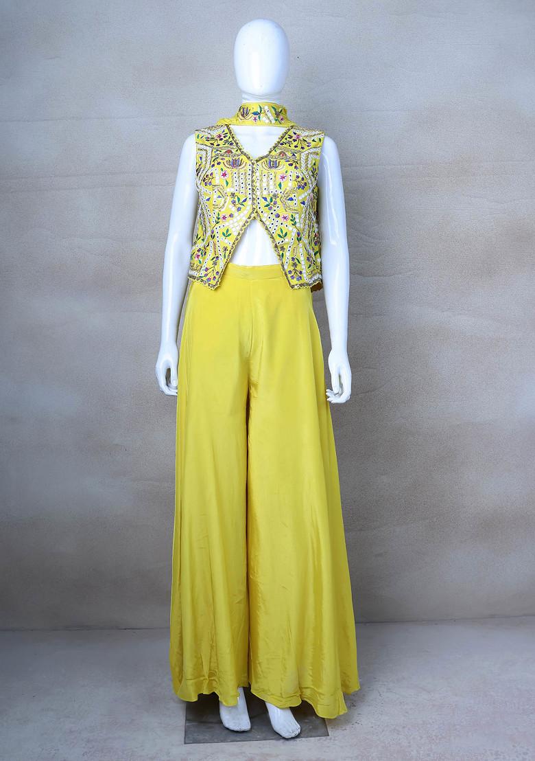 Yellow Solid Sharara Set With Embroidered Blouse And Dupatta