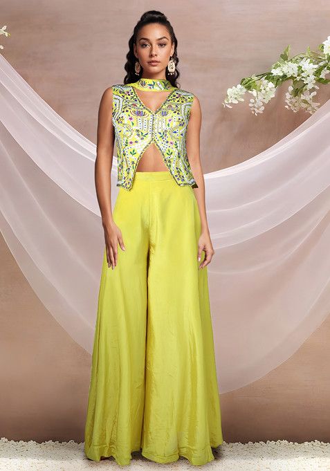 Yellow Solid Sharara Set With Embroidered Blouse And Dupatta