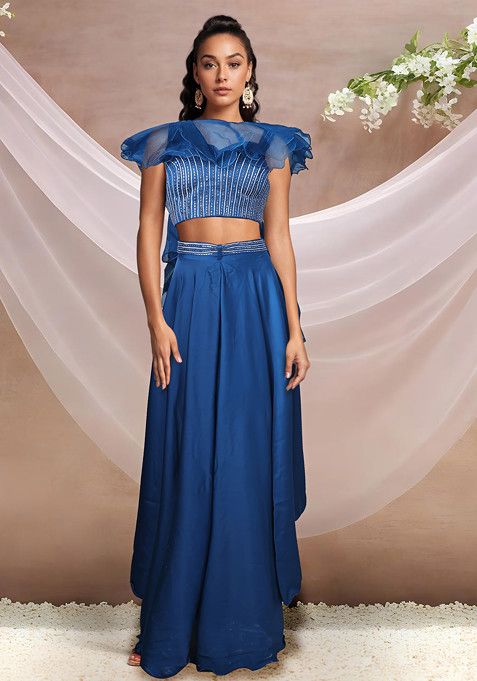 Blue Sharara Set With Embellished Blouse And Dupatta