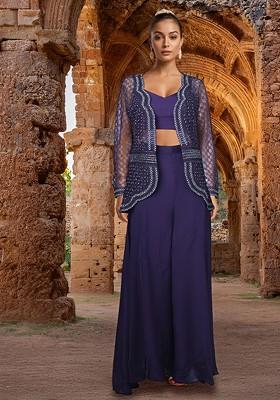 Purple Jacket Set With Sharara And Embellished Blouse