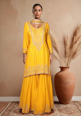 Yellow Floral Embroidered Sharara Set With Kurta And Dupatta