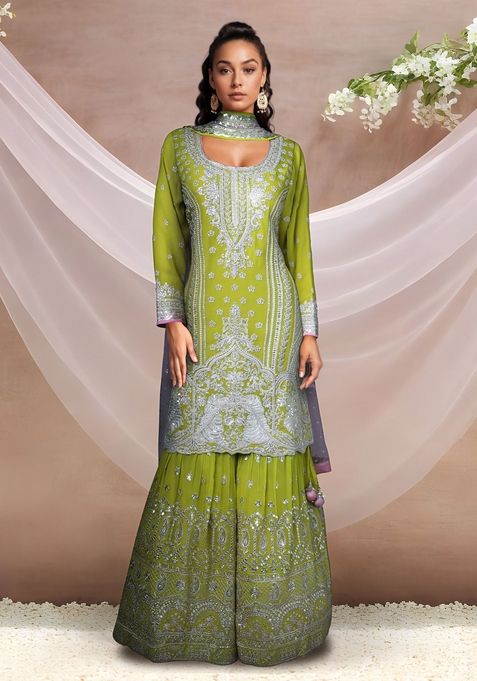 Green Zardozi Embroidered Sharara Set With Kurta And Dupatta