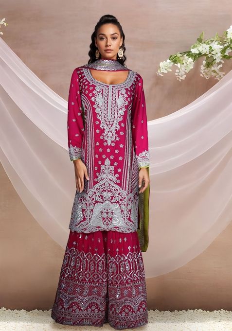 Pink Zardozi Embroidered Sharara Set With Kurta And Dupatta