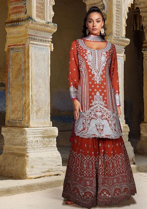 Orange Zardozi Embroidered Sharara Set With Kurta And Dupatta