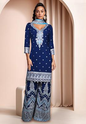 Blue Embroidered Sharara Set With Kurta And Dupatta
