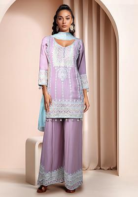 Peach Embroidered Sharara Set With Kurta And Dupatta