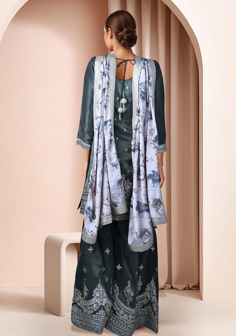 Green Embroidered Sharara Set With Kurta And Dupatta - Indya