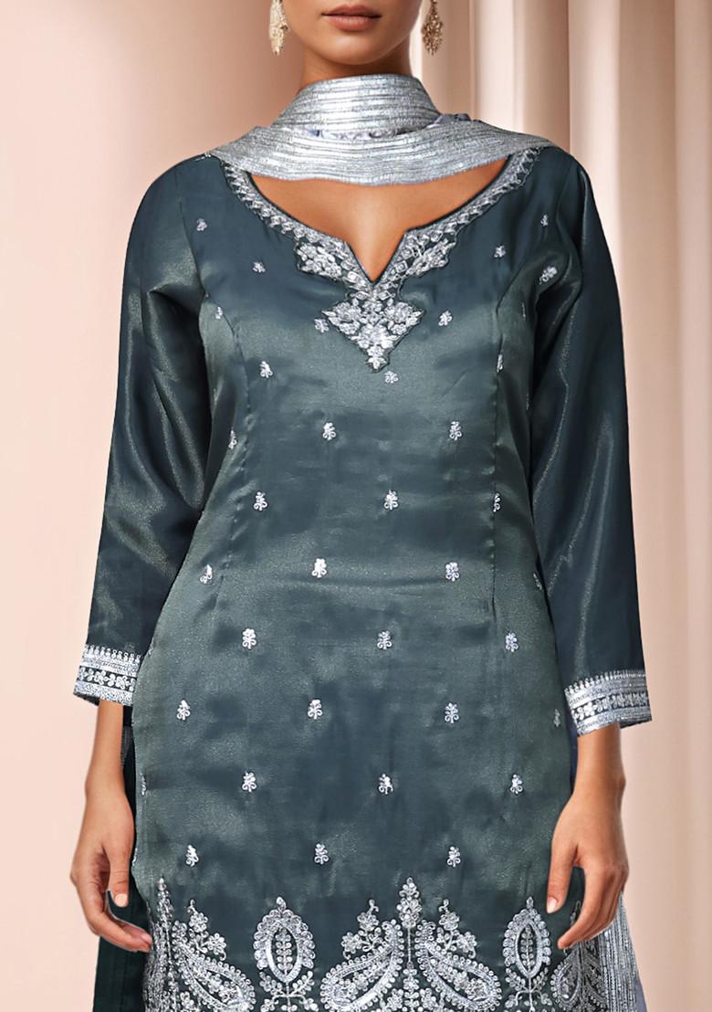 Green Embroidered Sharara Set With Kurta And Dupatta - Indya