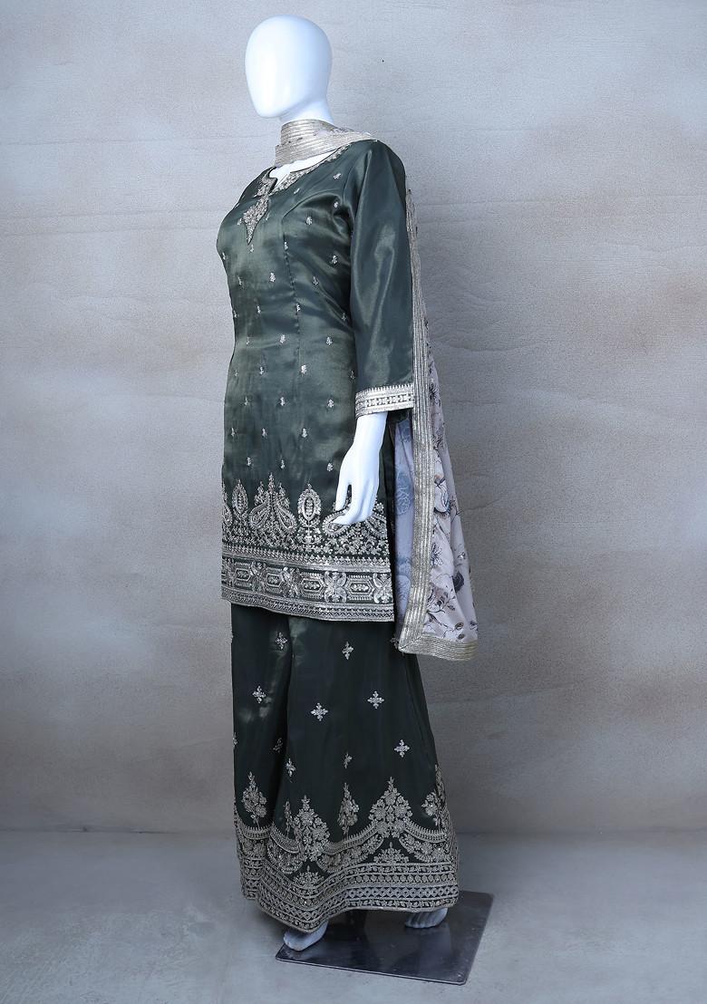 Green Embroidered Sharara Set With Kurta And Dupatta - Indya
