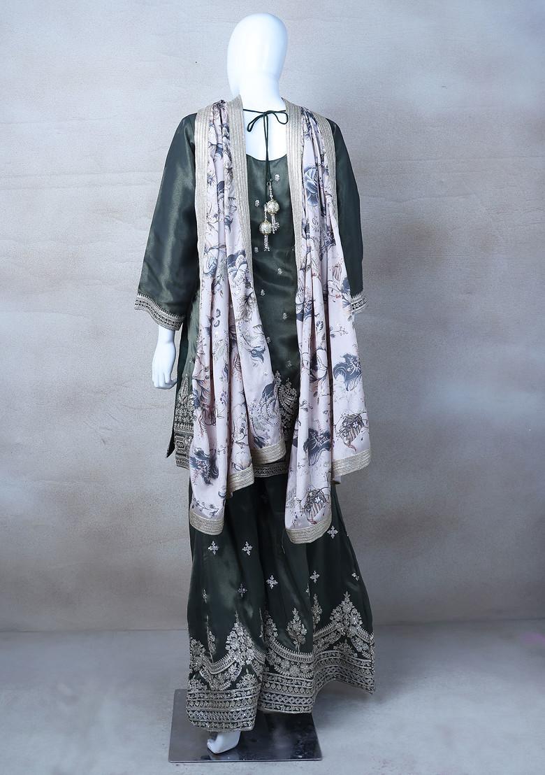 Green Embroidered Sharara Set With Kurta And Dupatta - Indya